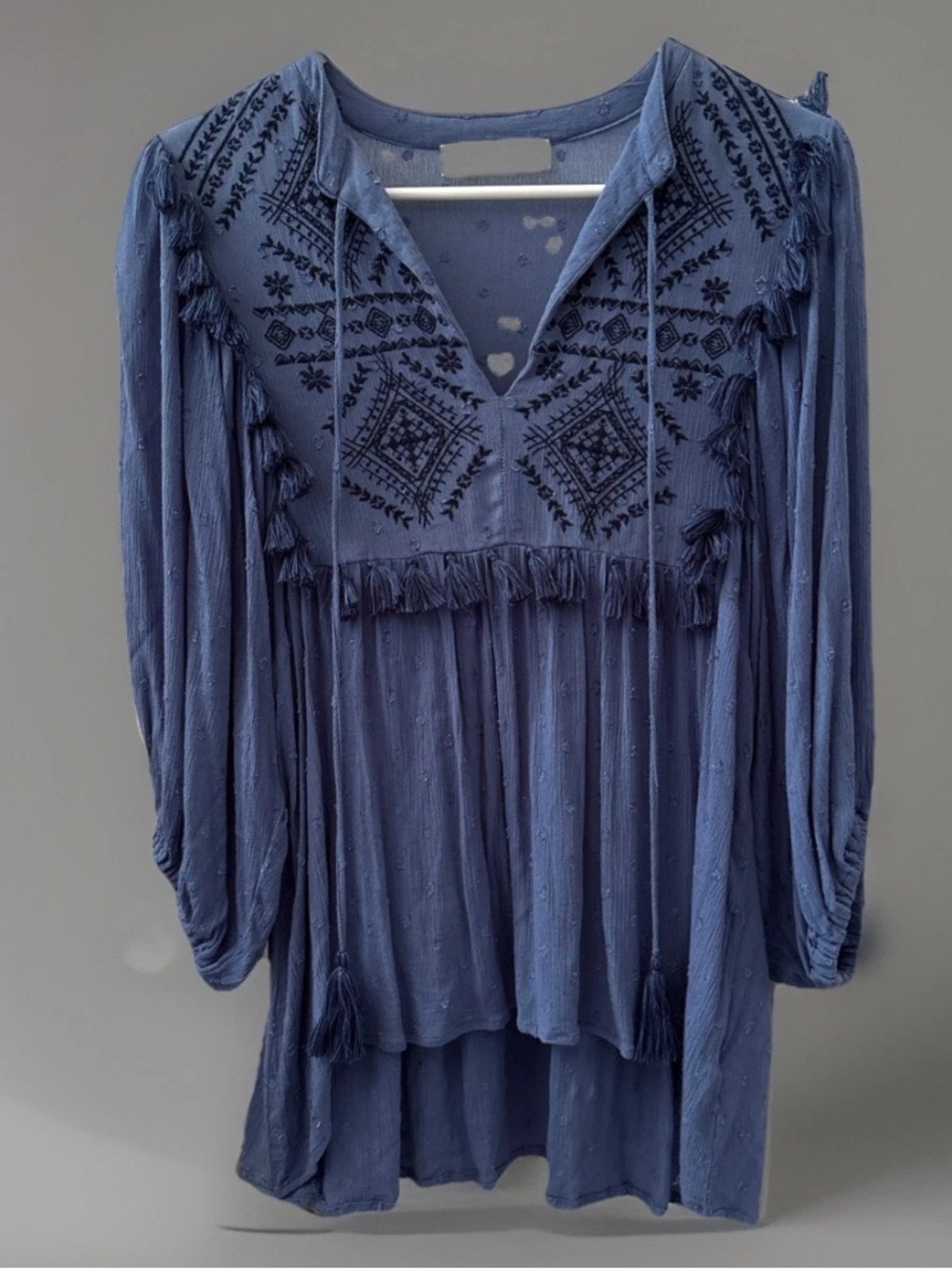 Boho Embroidered V-Neck Peasant Blouse Blue Women’s XL